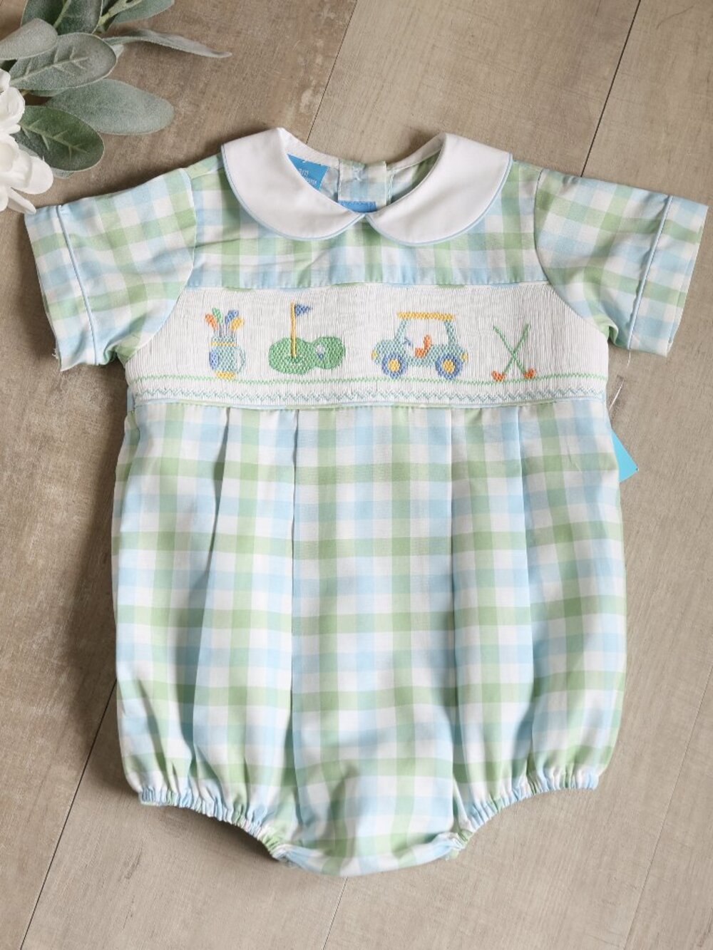 Boy's Smocked Golf Bubble Blue and Green Plaid Golf Cart Golf Club Boutique